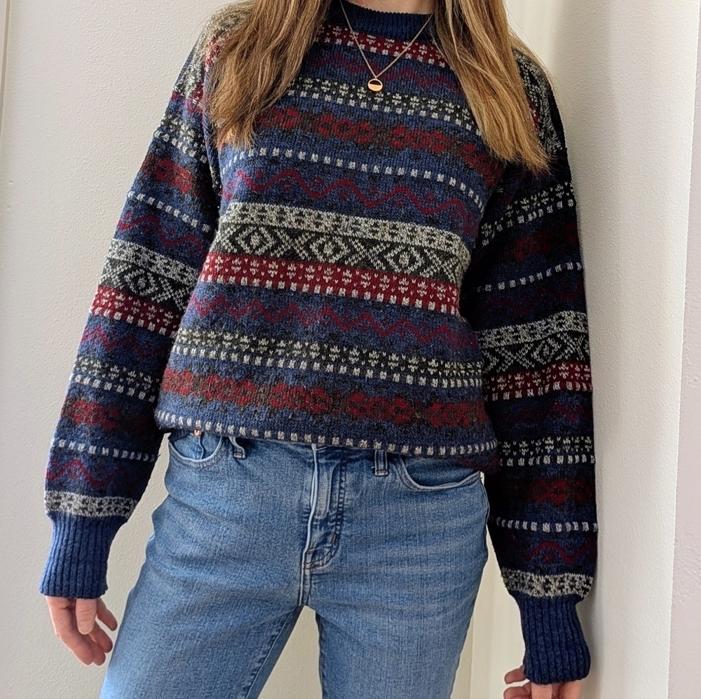Vintage Fair Isle Abstract Patterned Wool Blend Crewneck Sweater In Navy